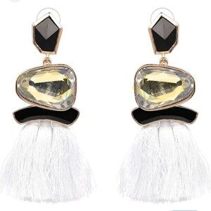TASSEL DROP EARRINGS WHITE TASSEL BLACK WHITE DANGLE CHAMPAGNE CRYSTAL GEM NEW